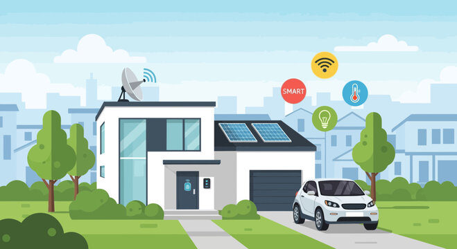 Smart Home Technology: Modern House with Solar Panels, EV Car, and Connected Devices