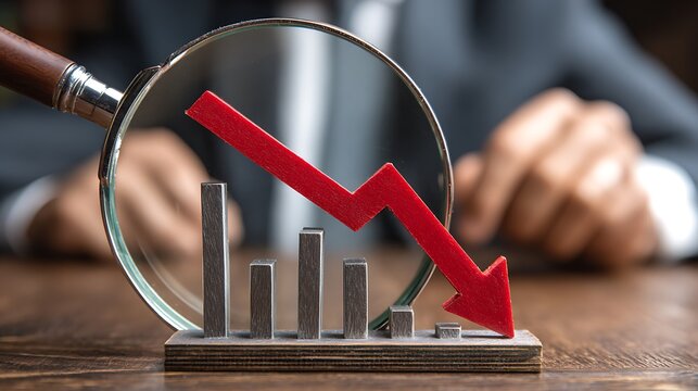 Statistical data visualized with a downward trending arrow, highlighting negative financial performance; the illustration depicts a decrease in sales or profits, examined with a magnifying glass.