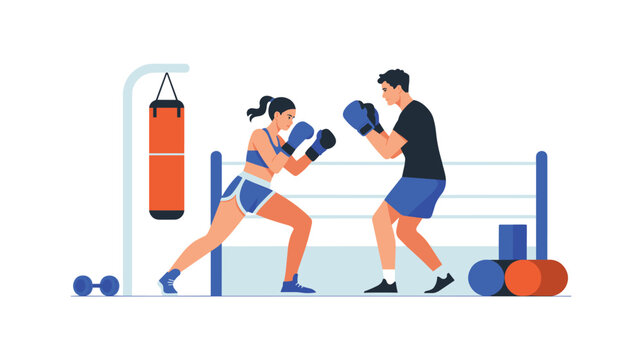 A female boxer and a male sparring partner wearing protective blue gloves train inside a boxing ring with an orange heavy bag on a clean white background.