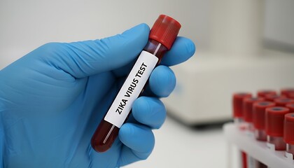 Fototapeta premium Gloved hand holds a blood sample tube clearly labeled for a Zika Virus test in a laboratory setting