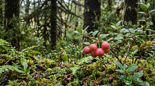 Wild murta berries in Chilean forest undergrowth, dew-covered leaves and moss,