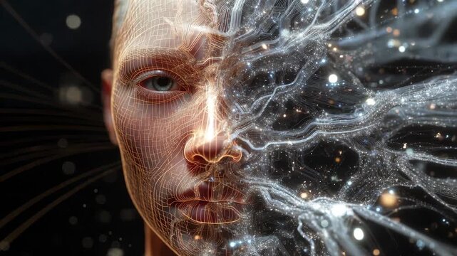 A human face fused with luminous tech lines on a dark background, concept of cyber connection and human&ndash;machine unity