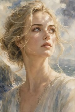 Beautiful blonde woman portrait in delicate watercolor painting style looking up.