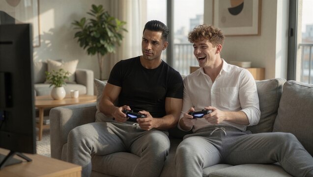 Couple playing multiplayer video games together in a cozy living room
