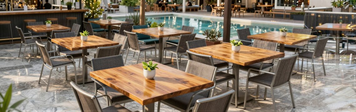 Outdoor dining tables arranged beside hotel pool area