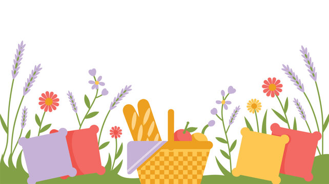 A stylized outdoor picnic composition featuring a woven basket with bread and fruit surrounded by lavender stalks and colorful floor cushions on grass.