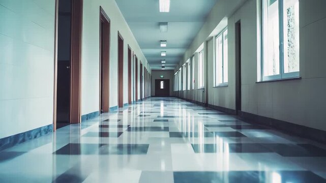 Endless corridor reflecting clean light and a long row of closed doors, creating a sense of journey, progress, choice, and opportunity within a sterile, minimal, and institutional environment