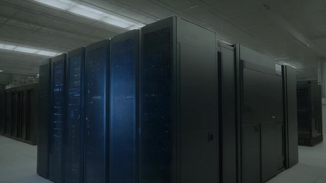 Server racks standing in a modern data center, processing large amounts of information and enabling secure cloud computing for technological innovation and digital storage solutions