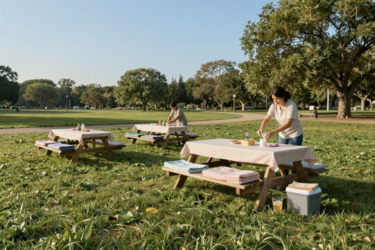 Picnic tables being set up on grassy city park lawn