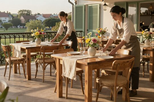 Two servers setting tables on outdoor restaurant terrace