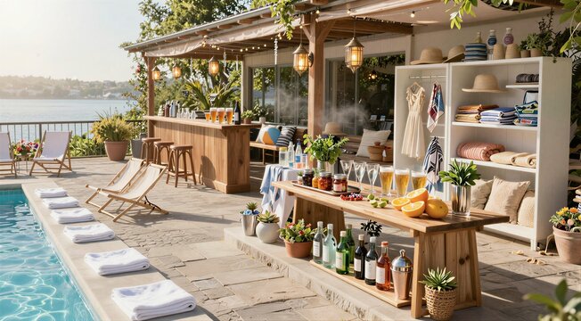 Poolside bar setup with drinks and towels on terrace