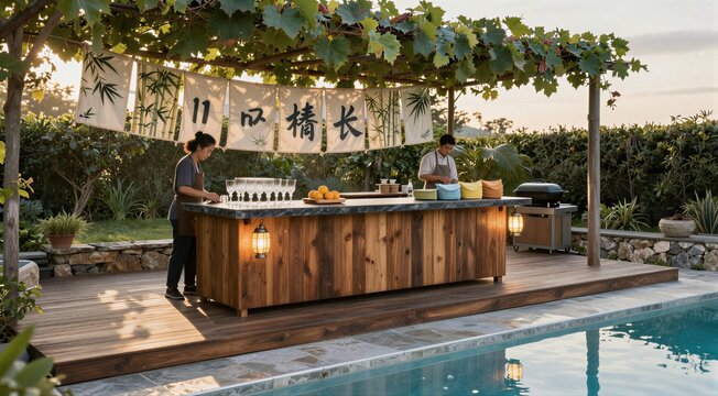 Outdoor bar staff preparing drinks at poolside pergola