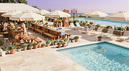 Fototapeta premium Poolside bar serving drinks and loungers at resort terrace