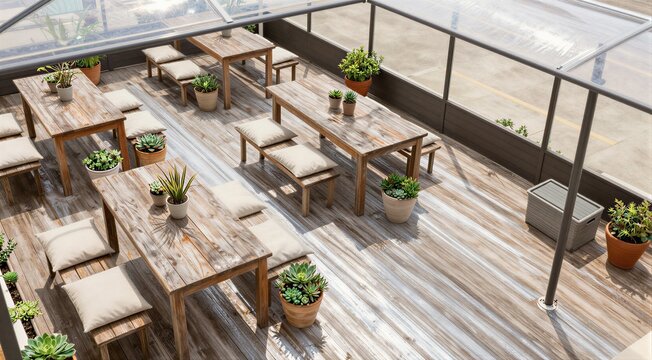 Wooden dining tables arranged on covered outdoor deck