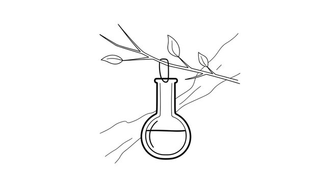 Nature's Potion: Flask hanging on a tree branch with leaves and liquid