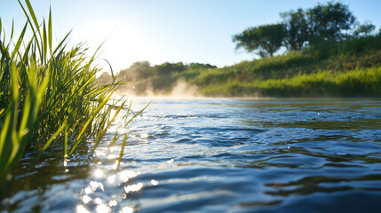 Obraz premium Tranquil river scene with mist rising above water, surrounded by lush green grass and trees, evokes sense of peace and serenity