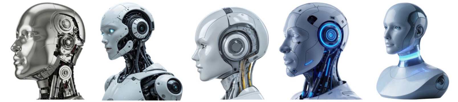 A striking collection of advanced AI robot and cyborg heads, showcasing futuristic technology and artificial.