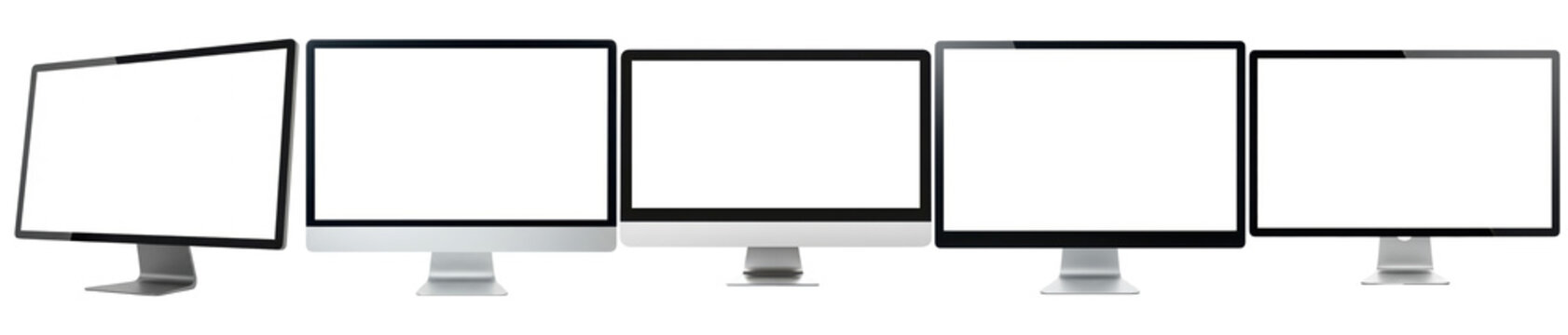 A diverse collection of modern computer screens with blank white displays for tech mockups and presentations.
