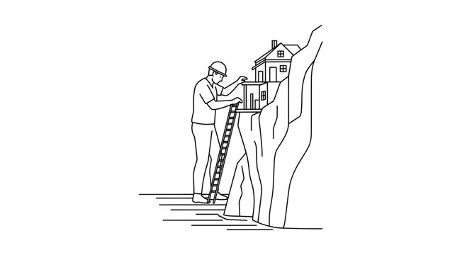 Man building house on cliff edge with ladder, precarious construction, challenging project