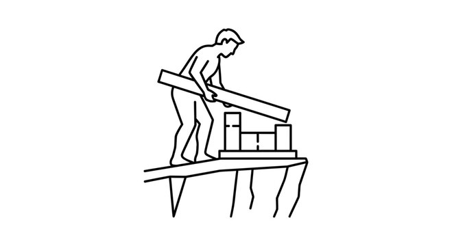 Man building bridge over chasm, risk, construction, progress, challenge, danger, strategy, planning
