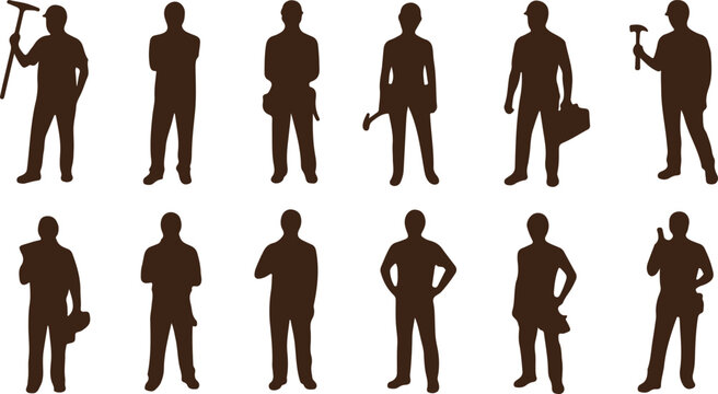 Set of twelve dark brown silhouettes of construction workers and builders