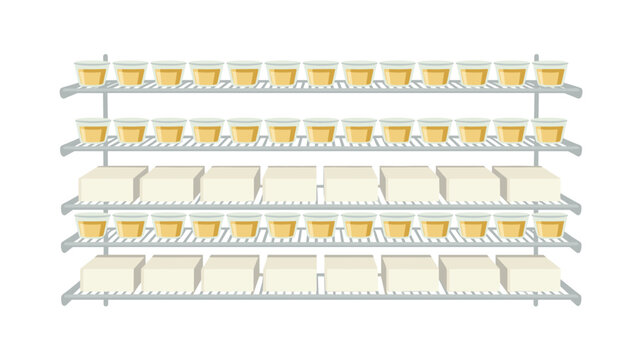 A warehouse storage rack displays multiple levels filled with organized glass jars of yellow substance and uniform white blocks against a plain light background in a clean flat sty