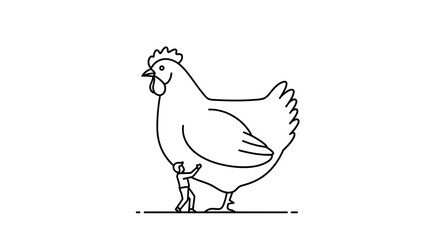 Fototapeta premium Tiny Man Standing Underneath Giant Chicken, Surreal Farm Concept, Whimsical Illustration