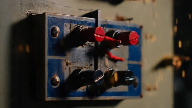 Close up of an old, weathered control panel featuring prominent red and black toggle switches, indicating manual operation and historical industrial technology