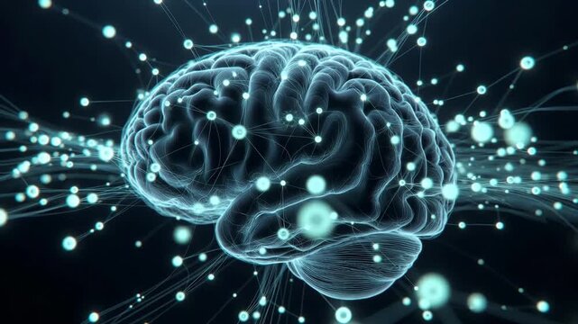 Glowing brain with bright network nodes in futuristic graphic style on a dark background, concept of intelligence and cognition