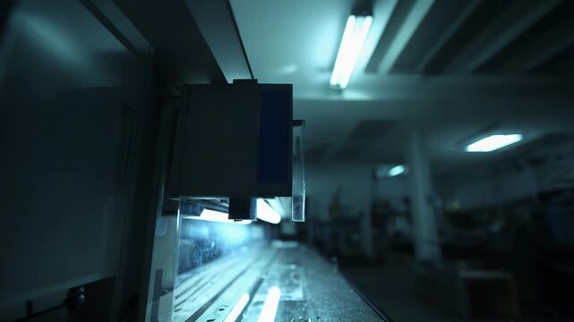 Industrial machinery with bright blue light creating a dramatic atmosphere, highlighting automation, technology, and precision at a workbench in a modern manufacturing plant