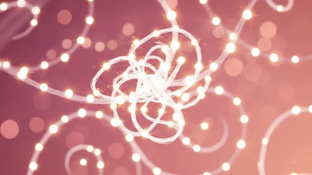 Abstract visual showing curved white strings adorned with glowing warm white light bulbs over a soft pastel pink background with spiraling loops and a blurry bokeh effect.