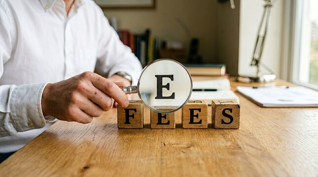 Business professional uses a magnifying glass to inspect wooden blocks spelling out the word fees on a wooden office desk