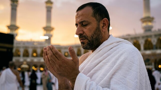 Muslim man praying with hands raised at Kaaba during Hajj or Umrah pilgrimage in Mecca, Saudi Arabia at sunset