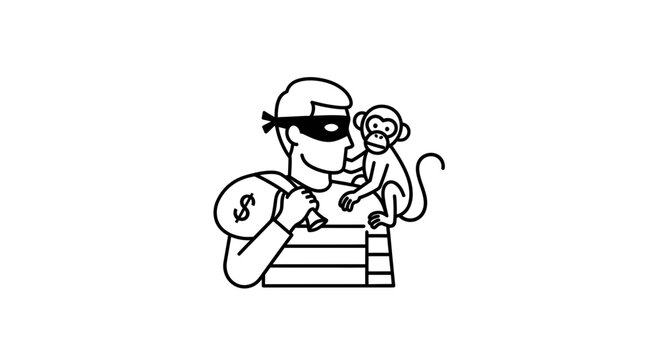 Thief with Monkey and Money Bag, Bandit Disguise, Crime Concept