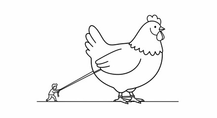 Fototapeta premium Tiny Man Struggling to Lead Giant Chicken on Leash, Surreal Farm Animal Concept