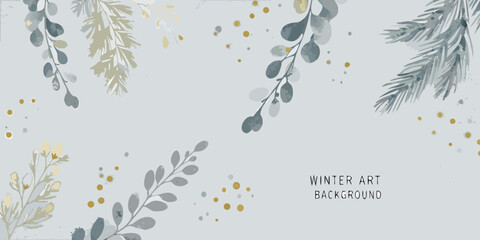 watercolor eucalyptus branches and pine needles with gold accents on a light gray background © RanjanKumar