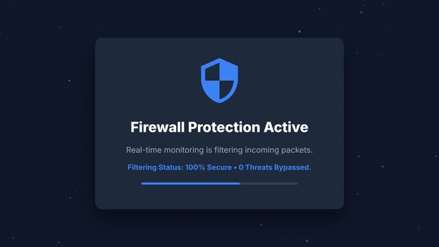 Cyber security firewall status dashboard, flat UI element, network protection monitoring interface, blue minimalist security notification widget for web application.