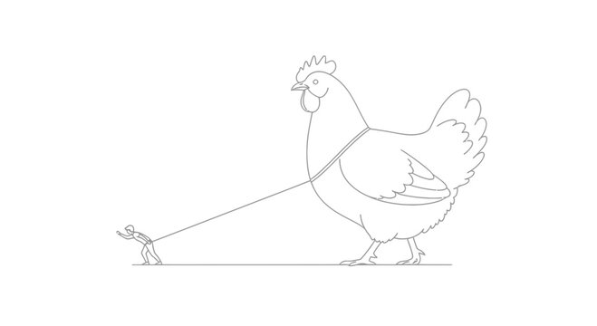 Tiny Man Walking Giant Chicken on Leash, Surreal Concept