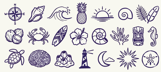Obraz premium Hand drawn doodle beach and surf vector illustration set. line naive coastal icons like palm trees, waves, spiritual design elements and sun. Summer designs for t-shirts, posters, and placard prints.