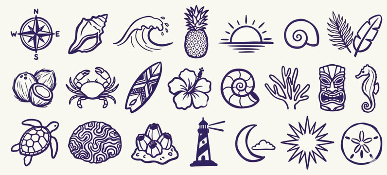 Hand drawn doodle beach and surf vector illustration set. line naive coastal icons like palm trees, waves, spiritual design elements and sun. Summer designs for t-shirts, posters, and placard prints.