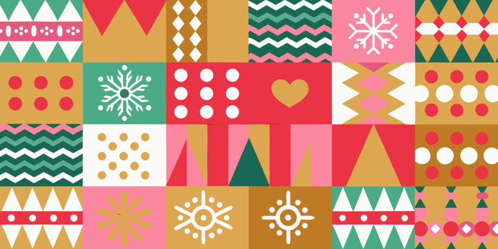 abstract geometric christmas pattern with festive shapes and a colorful background