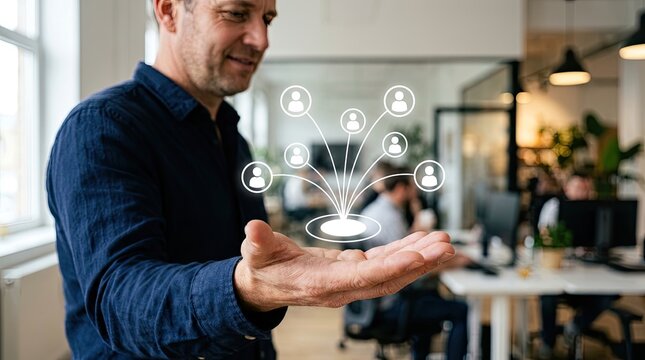 Professional man interacts with a digital holographic network of connected people icons hovering above his open palm in an office