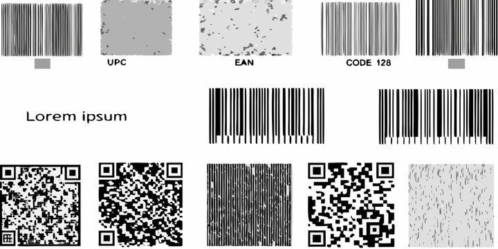 collection of barcode and qr code symbols isolated on a white background