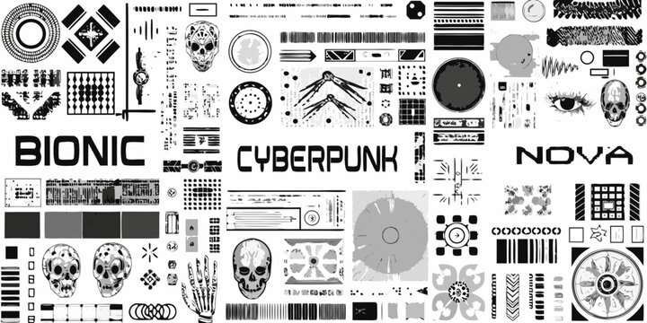cyberpunk collage with mechanical elements skulls eyes and barcode patterns in monochrome