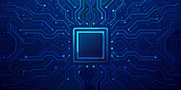 Central microchip with glowing blue circuit board pattern digital technology illustration