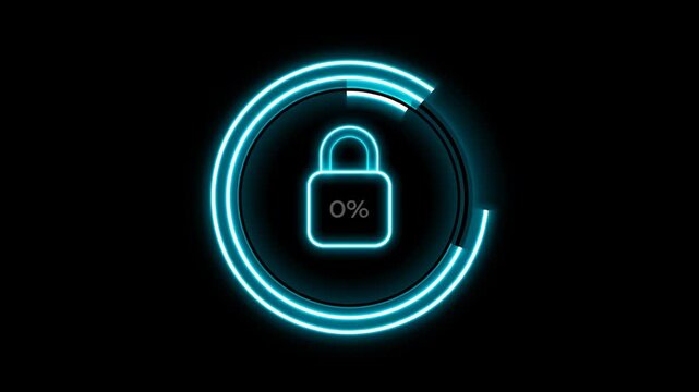 Neon padlock animation with circular progress indicator showing zero percent completion