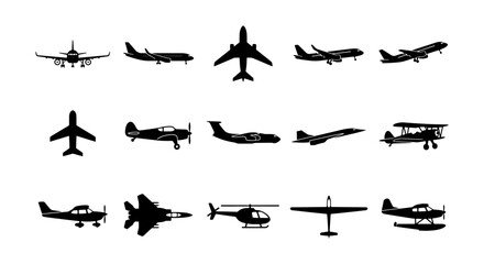 Diverse Aircraft Silhouettes Collection, Aviation Icons Set, Transport Vector Graphics © Al