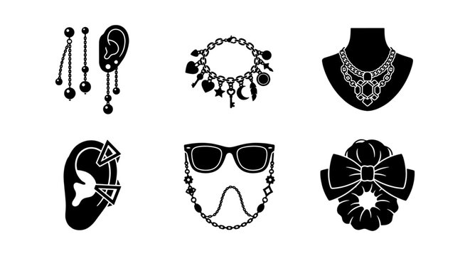 Jewelry Icons Set, Fashion Accessories Collection, Earring Charm Bracelet Necklace