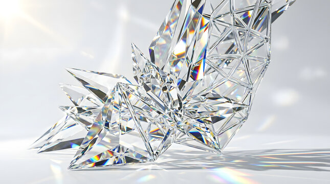 Abstract refractive crystal shards with rainbow light dispersion and prismatic caustics on white studio background