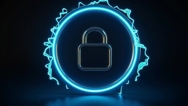 Exploring the glowing neon lock inside the completed circle in a cyber setting